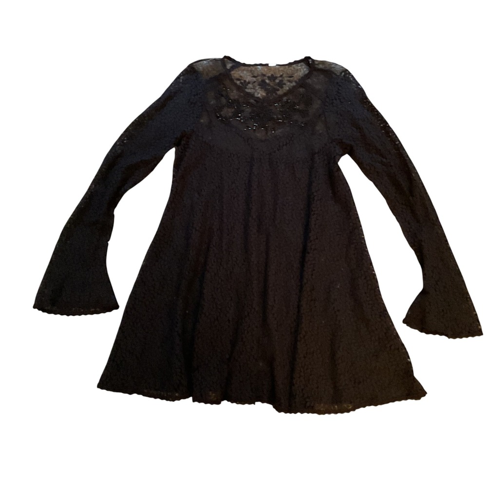 Free People Black Lace Beaded Embroidered Bell Sleeve Mini Dress Boho